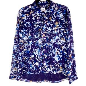 CAbi Starry Night Blouse Ruffle Front High Low Black Blue Style 3066